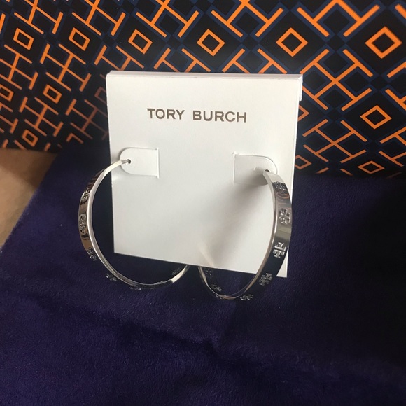 NWT Tory Burch T Hoop Silver Earrings - Picture 3 of 4